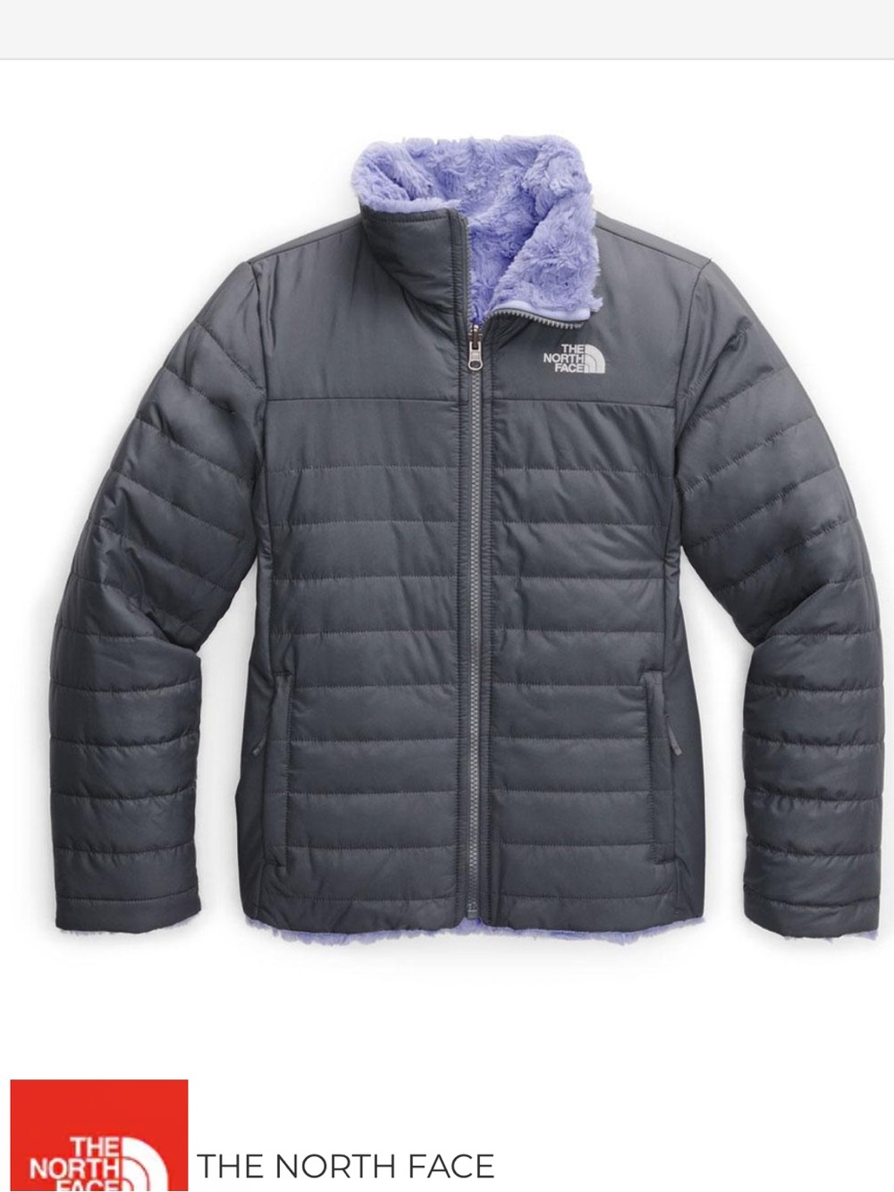 The North Face Gray Puffer Jacket with Lavender Faux-Fur Collar reversible! Larg